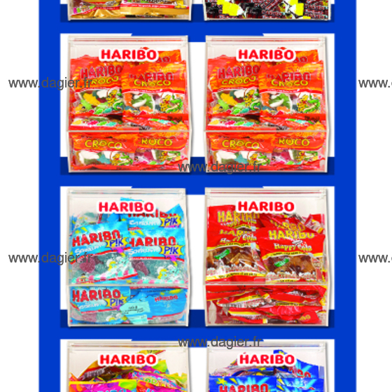 HARIBO - PRESENTOIR DE SOL 16 BACS 14 BTES MINI-SACHETS* + 2 BTES  ROULETTES